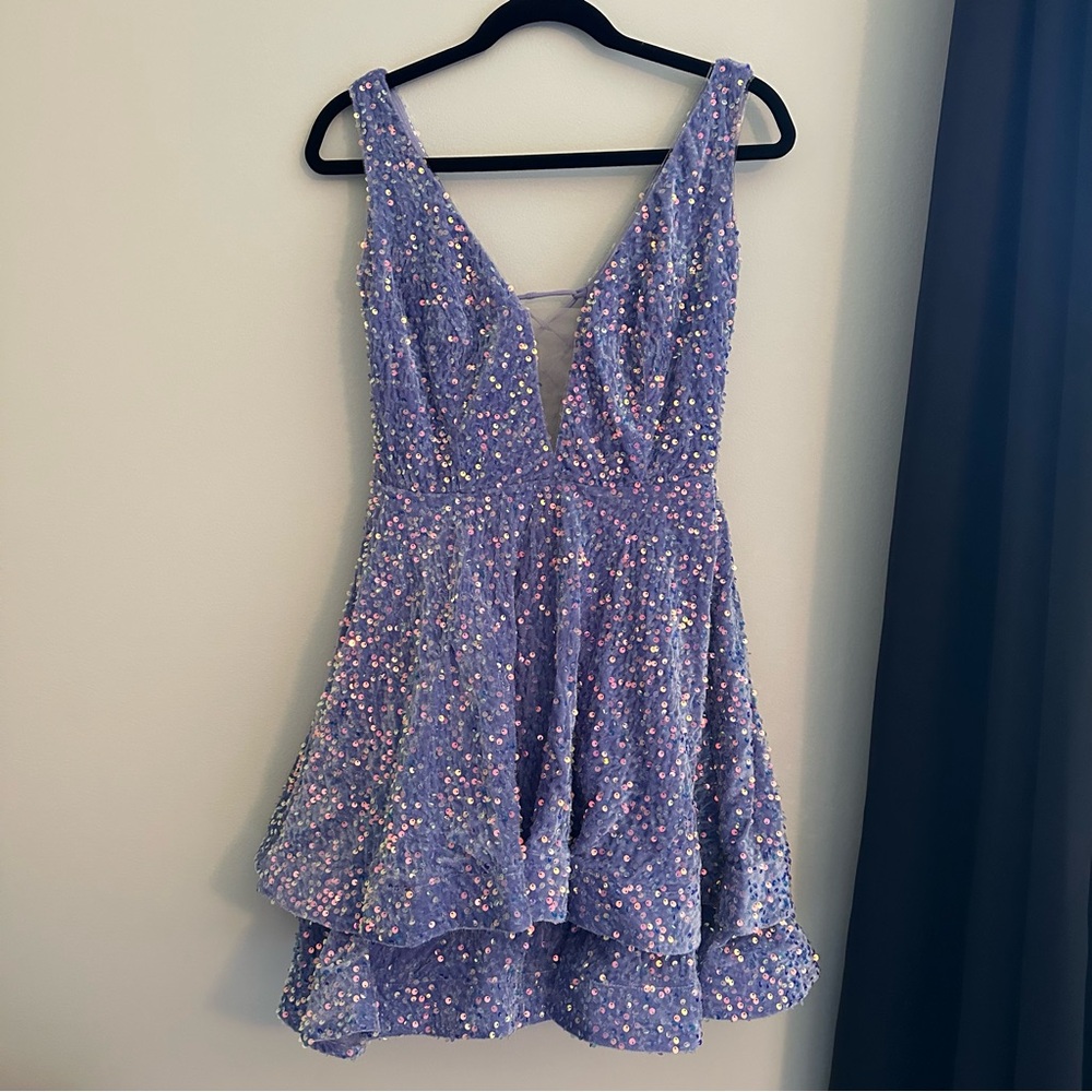 Lavender Sequin V-Neck Prom Dress